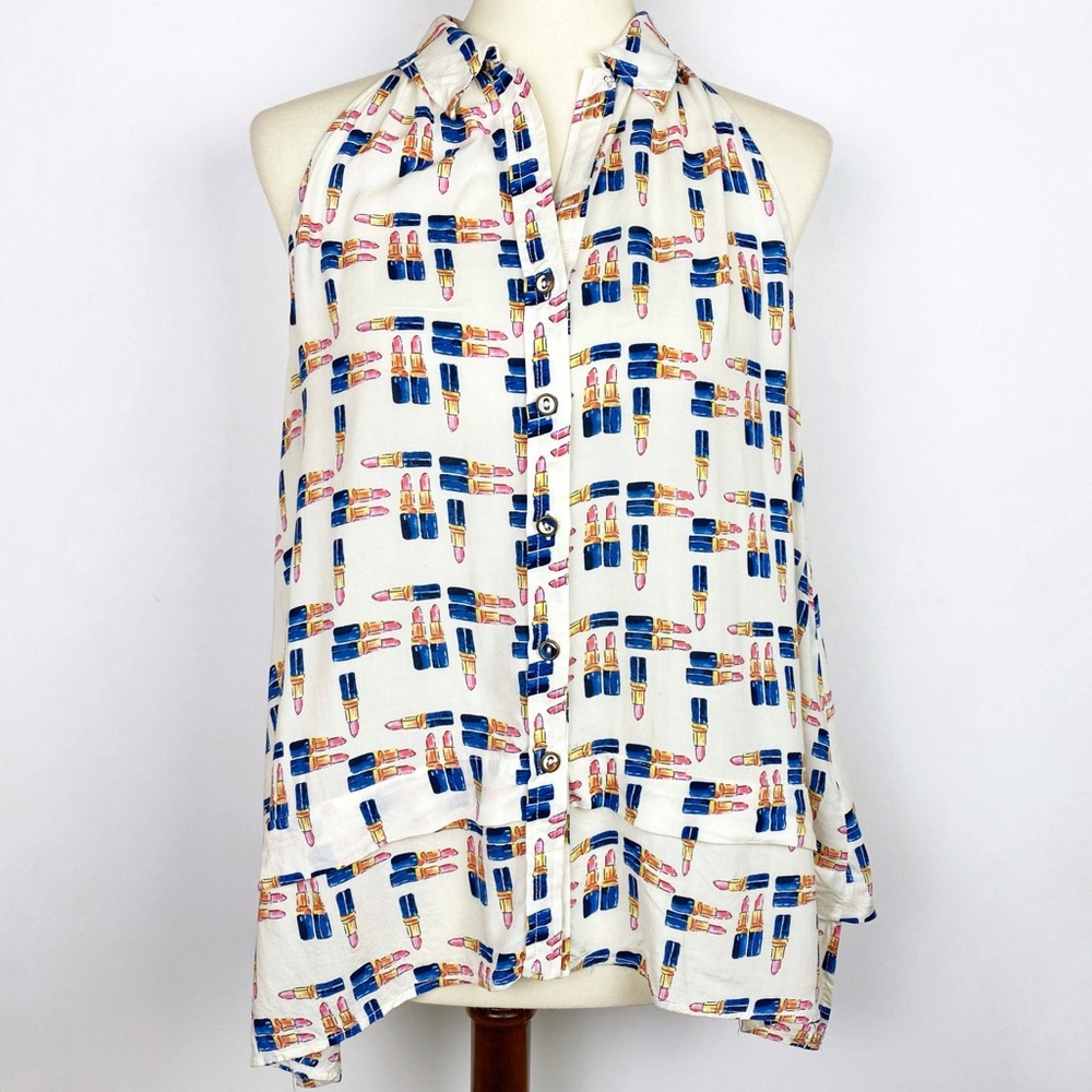 Anthropologie White Halter Blouse with Blue and Pink Lipstick Print